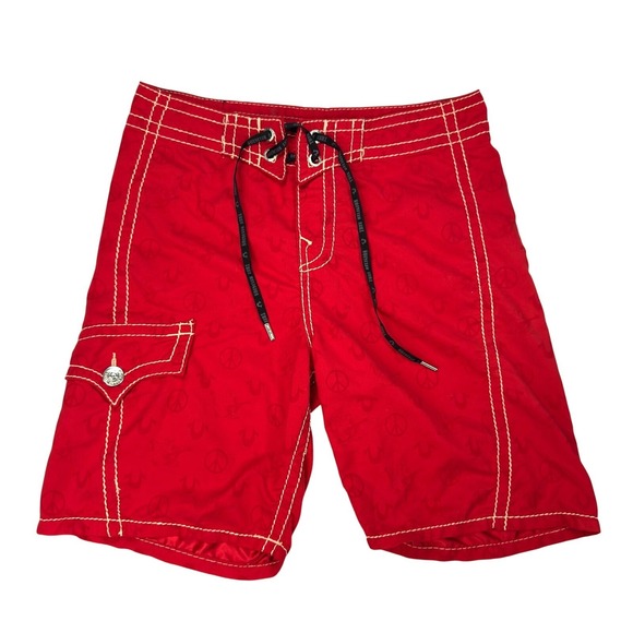 True Religion Swim Trunks Mens Size 34 Board Shorts Flap Pockets Red - Picture 1 of 10